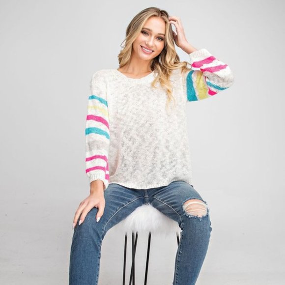 Striped Sleeve Sheer Sweater - Picture 5 of 7